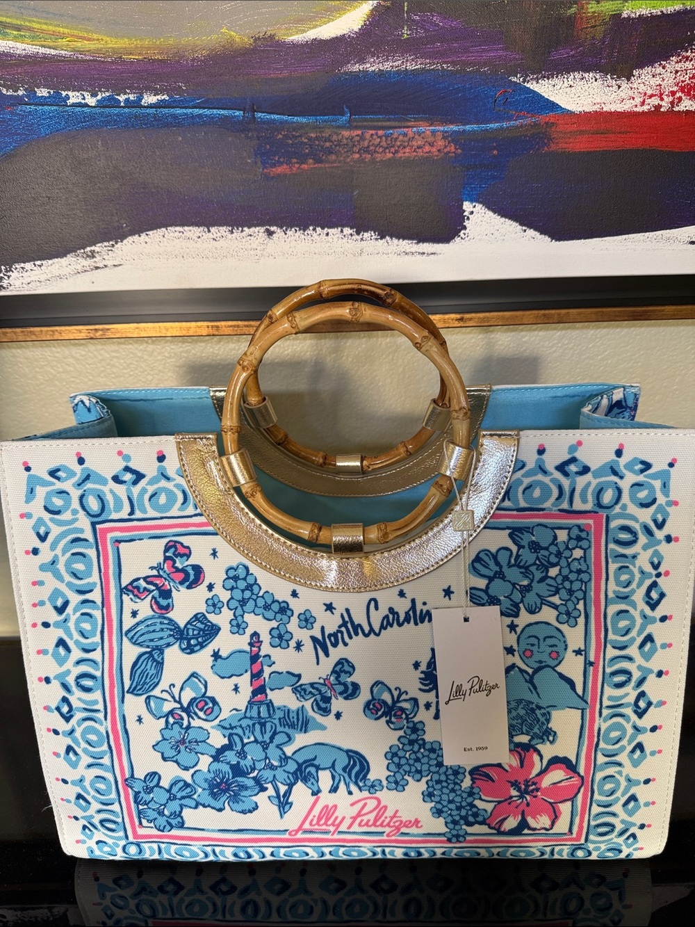 Lilly Pulitzer Blue, Pink and White Bamboo-Handle Tote